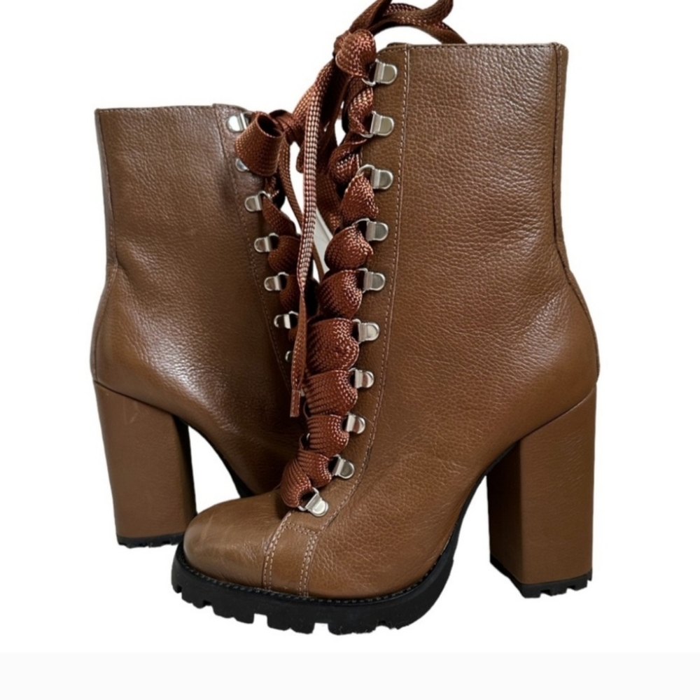 NWT Schutz Zara Dark Tan Maroon Platform Genuine Leather Combat Heel Boots